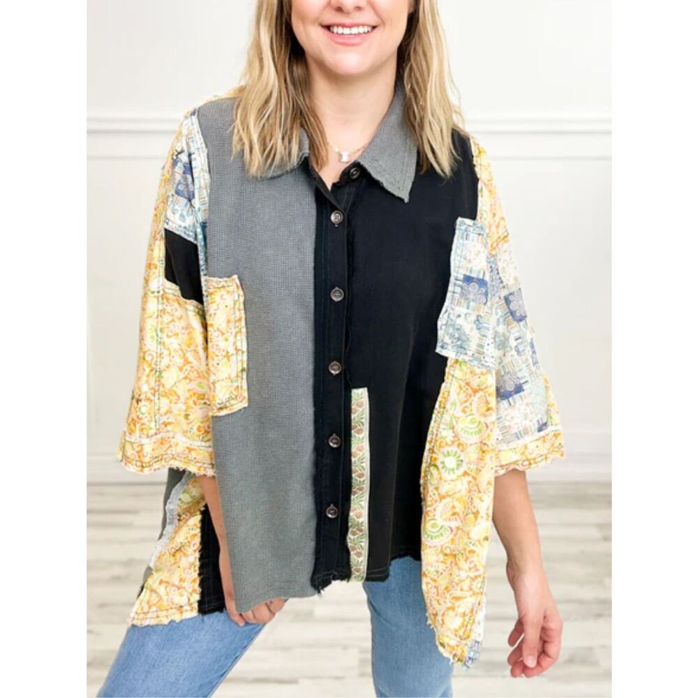 Blue Velvet Oversized Mixed Fabric Top in Charcoal-Black Size S